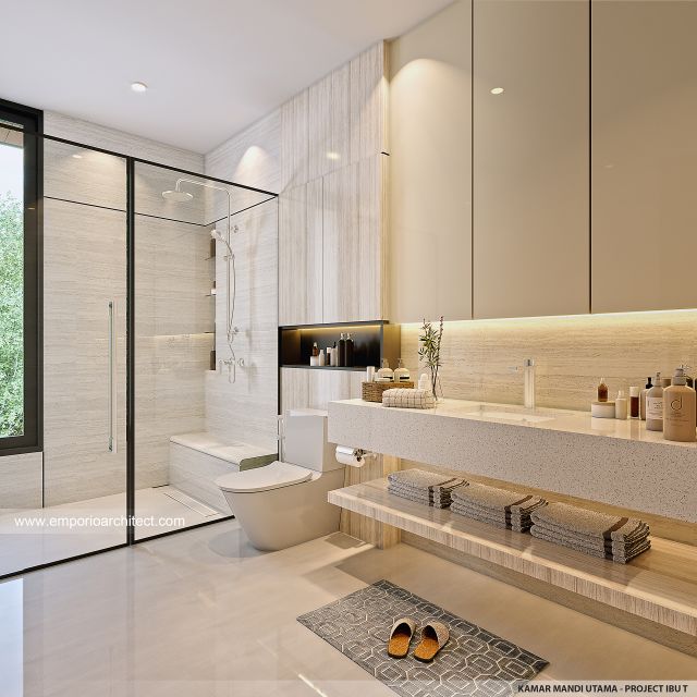 Desain Kamar Mandi Utama Rumah Modern 2 Lantai Ibu T di BSD, Tangerang Selatan
