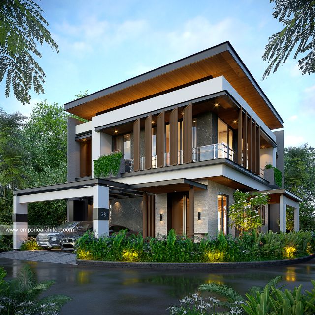 Desain Tampak Hook Rumah Modern 2 Lantai Ibu T di BSD, Tangerang Selatan