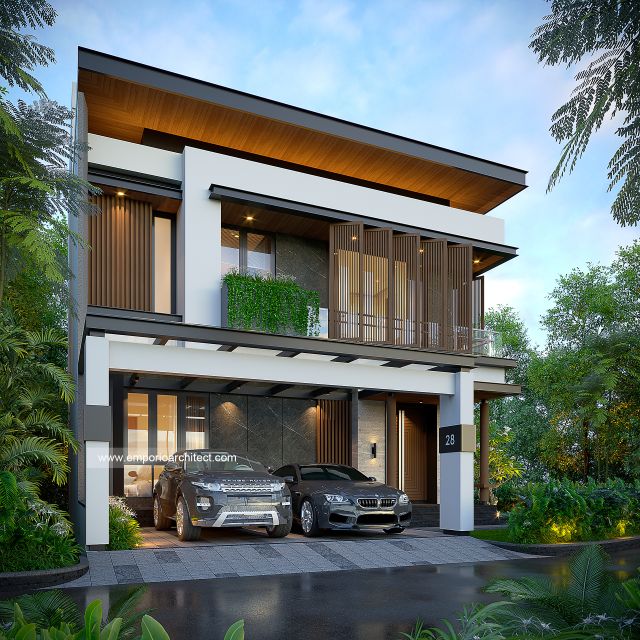 Desain Tampak Depan 2 Rumah Modern 2 Lantai Ibu T di BSD, Tangerang Selatan