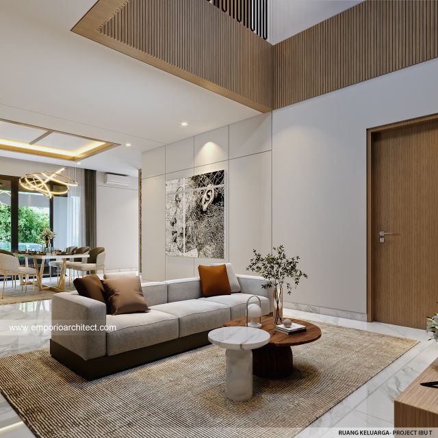 Desain Ruang Keluarga Rumah Modern 2 Lantai Ibu T di BSD, Tangerang Selatan