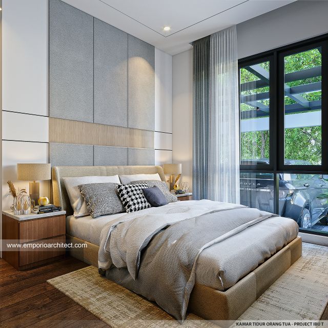 Desain Kamar Tidur Orang Tua Rumah Modern 2 Lantai Ibu T di BSD, Tangerang Selatan
