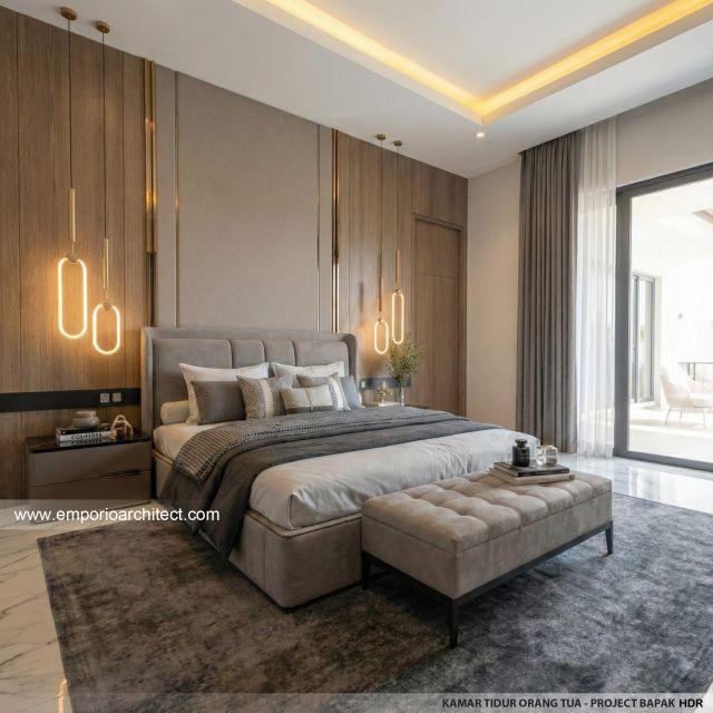 Desain Kamar Tidur Orang Tua Rumah Modern 2 Lantai Bapak HDR di Tabanan, Bali