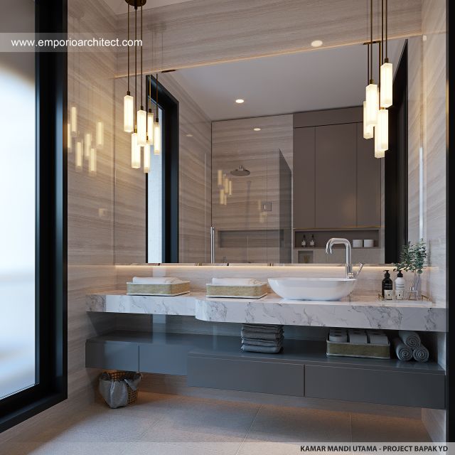 Desain Kamar Mandi Utama Rumah Modern 2 Lantai Bapak YD di Malang