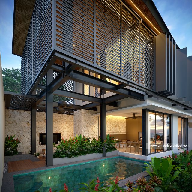 Desain Tampak Detail Depan Villa Modern 2 Lantai Bapak GLN di Badung, Bali