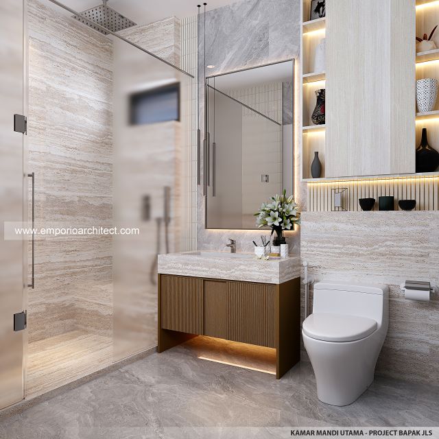 Desain Kamar Mandi Utama Rumah Modern 2 Lantai Bapak JLS di Banyuwangi, Jawa Timur