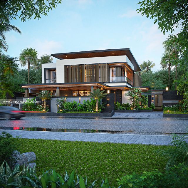 Desain Tampak Depan Rumah Modern 2 Lantai Ibu LVV di Denpasar, Bali