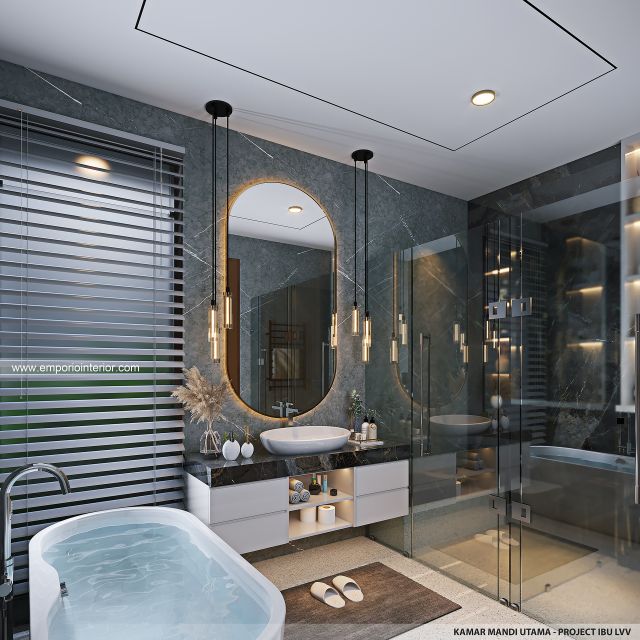 Desain Kamar Mandi Utama Rumah Modern 2 Lantai Ibu LVV di Denpasar, Bali