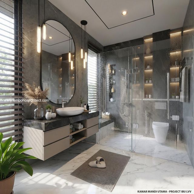Desain Kamar Mandi Utama Rumah Modern 2 Lantai Ibu LVV di Denpasar, Bali