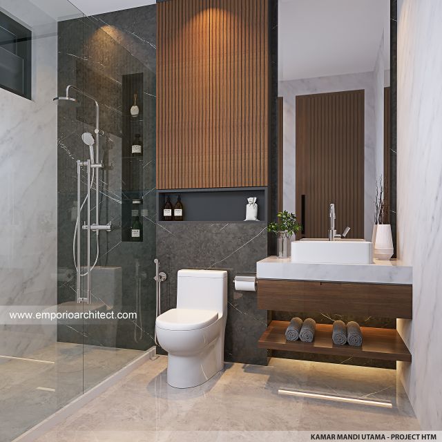 Desain Kamar Mandi Utama Rumah Modern 2 Lantai Project HTM di Karangasem, Bali