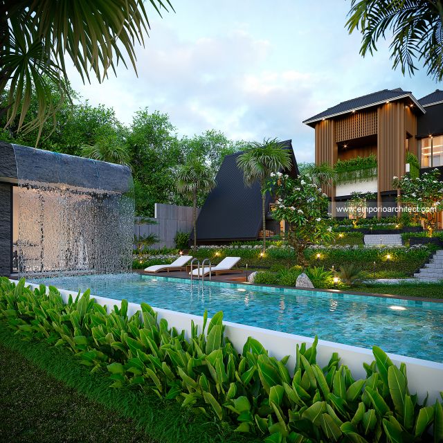 Desain Tampak Area Kolam Renang Rumah Modern 2 Lantai Bapak EFD di Sentul City, Bogor