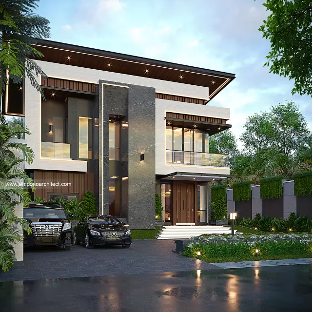 Desain Tampak Depan Rumah Modern 2 Lantai Bapak JMM di Kalimantan Selatan