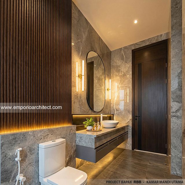 Desain Kamar Mandi Utama Rumah Modern 2 Lantai Bapak RBB di Tangerang Selatan