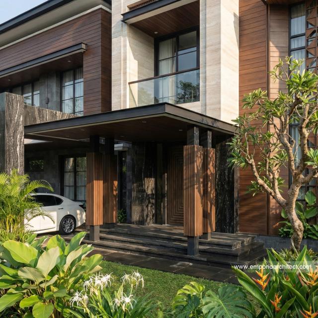Desain Tampak Detail Depan 2 Rumah Modern 2 Lantai Bapak RRY di Makassar