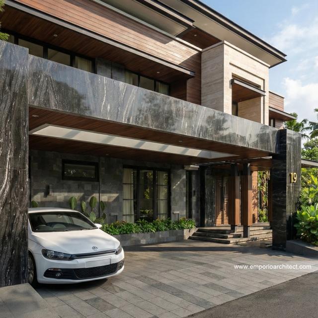 Desain Tampak Detail Depan Rumah Modern 2 Lantai Bapak RRY di Makassar