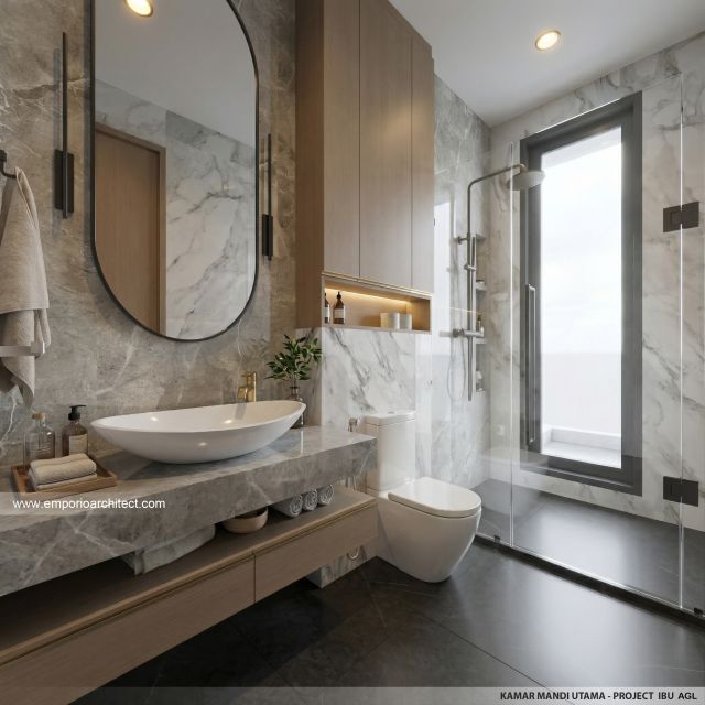 Desain Kamar Mandi Utama Rumah Modern 2 Lantai Ibu AGL di Surabaya