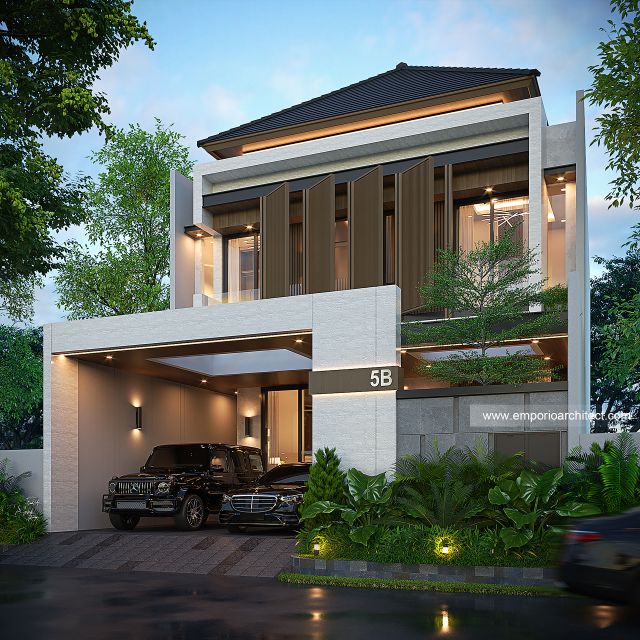 Desain Tampak Depan Dengan Pagar Rumah Modern 2 Lantai Ibu AGL di Surabaya