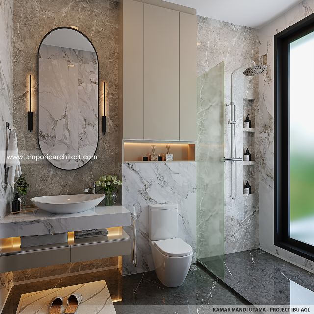 Desain Kamar Mandi Utama Rumah Modern 2 Lantai Ibu AGL di Surabaya