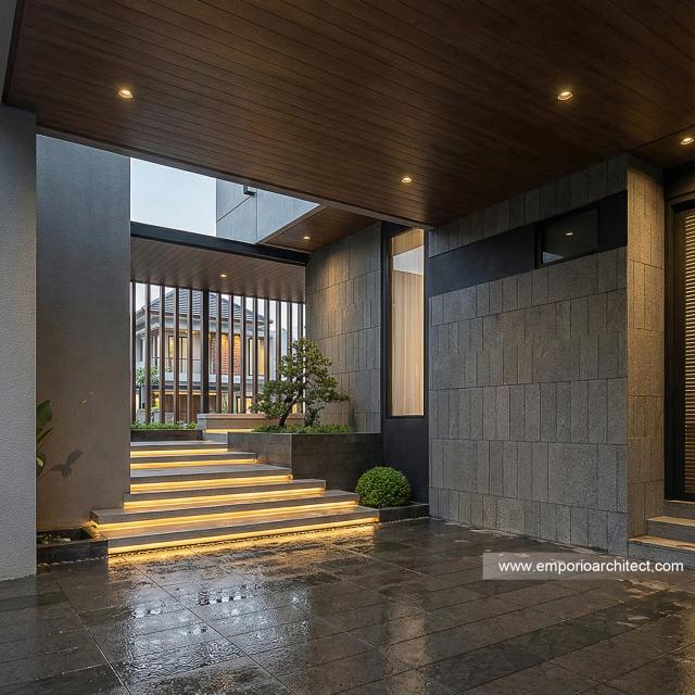 Desain Tampak Detail Depan Rumah Modern 2 Lantai Bapak RS di Banten