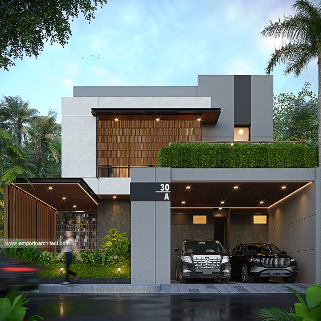 Desain Tampak Depan Rumah Modern 2 Lantai Bapak RS di Banten