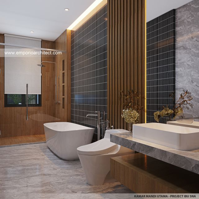 Desain Kamar Mandi Utama Rumah Modern 2 Lantai Ibu SNA di Solo