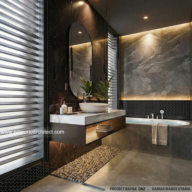 Desain Kamar Mandi Utama Rumah Modern 2.5 Lantai Bapak DNZ di BSD, Tangerang Selatan, Banten
