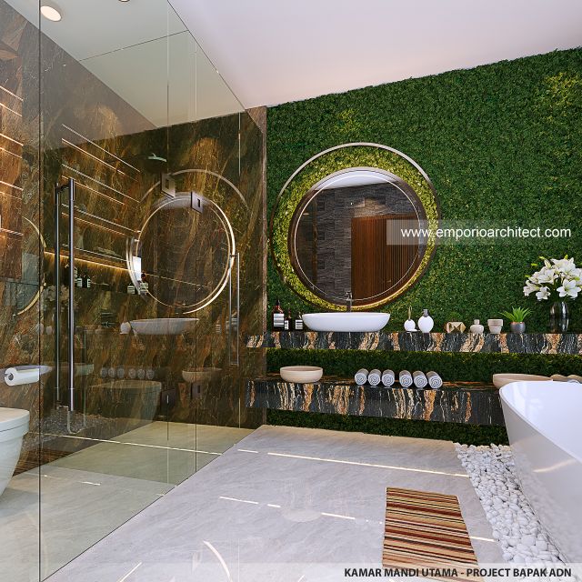 Desain Kamar Mandi Utama Rumah Modern 2.5 Lantai Bapak ADN di Tegal, Jawa Tengah