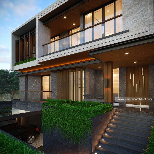 Desain Tampak Detail Depan Rumah Modern 2.5 Lantai Bapak ADN di Tegal, Jawa Tengah