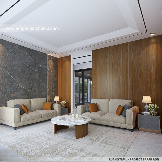 Desain Ruang Tamu Rumah Modern 2.5 Lantai Bapak ADN di Tegal, Jawa Tengah