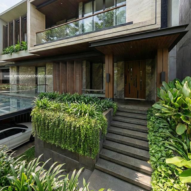 Desain Tampak Detail Depan 3 Rumah Modern 2.5 Lantai Bapak ADN di Tegal, Jawa Tengah