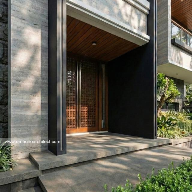 Desain Tampak Detail Depan 3 Rumah Modern 2.5 Lantai Ibu EST di Semarang