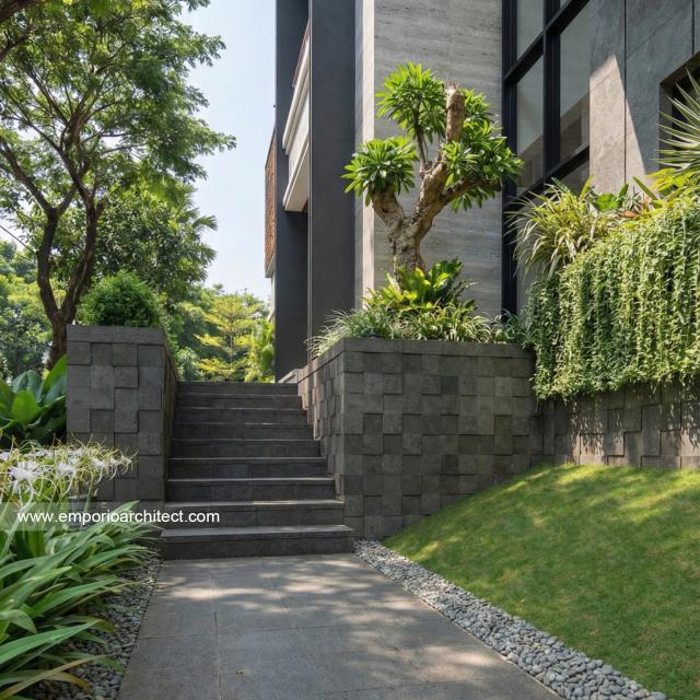 Desain Tampak Detail Depan 2 Rumah Modern 2.5 Lantai Ibu EST di Semarang
