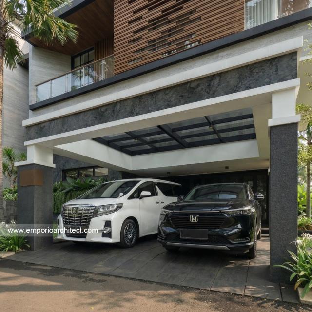 Desain Tampak Detail Depan Rumah Modern 2.5 Lantai Ibu EST di Semarang