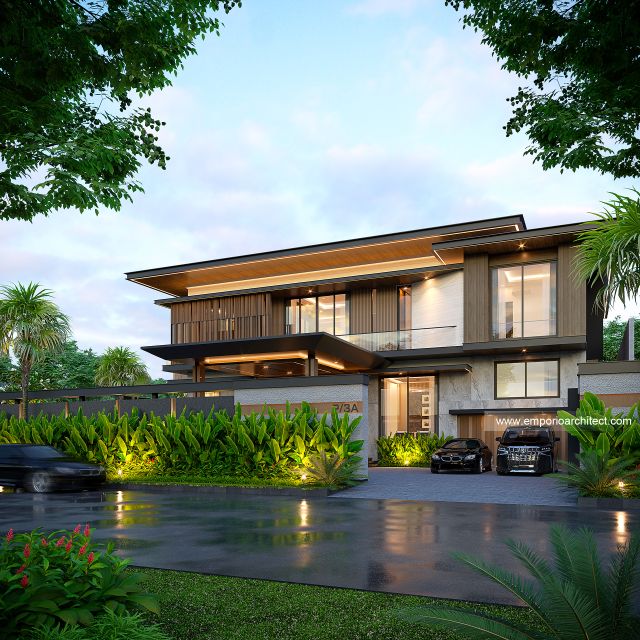 Desain Tampak Depan Dengan Pagar Rumah Modern 2.5 Lantai Ibu LL di Kalimantan Tengah