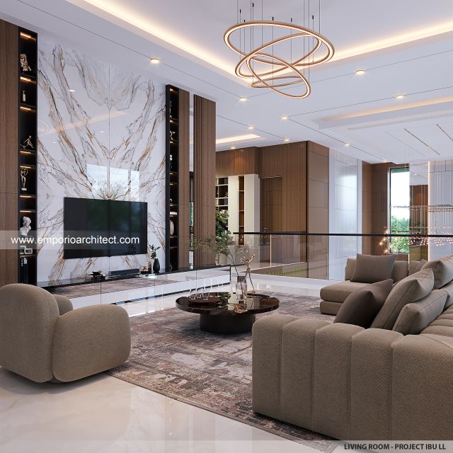 Desain Ruang Keluarga Rumah Modern 2.5 Lantai Ibu LL di Kalimantan Tengah