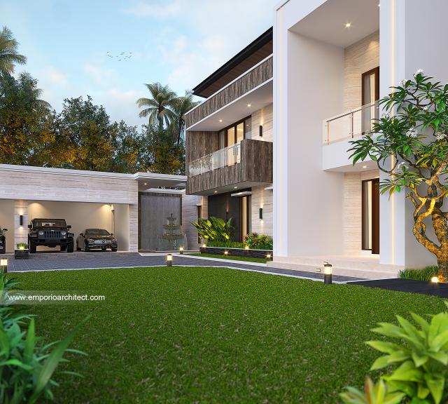 Desain Tampak Detail Depan Rumah Modern 2.5 Lantai Bapak Hendry di Palembang