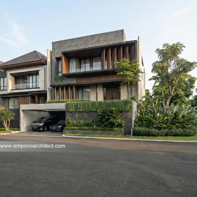 Desain Tampak Depan 2 Rumah Modern 3 Lantai Bapak FRD di Jakarta