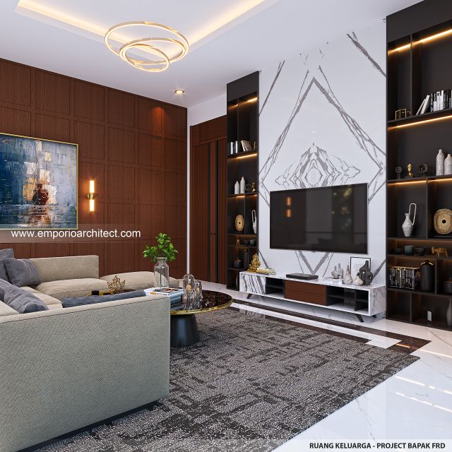 Desain Ruang Keluarga Rumah Modern 3 Lantai Bapak FRD di Jakarta