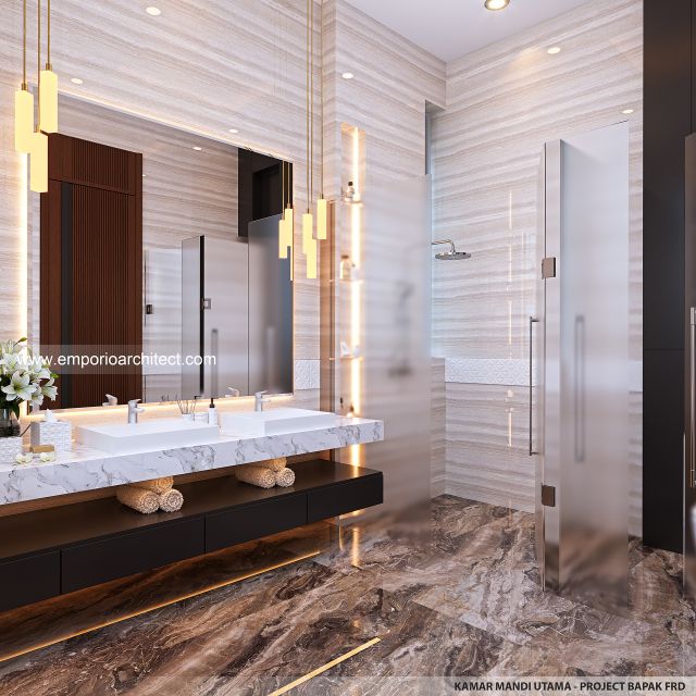 Desain Kamar Mandi Utama Rumah Modern 3 Lantai Bapak FRD di Jakarta
