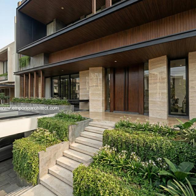 Desain Tampak Detail Depan 2 Rumah Modern 3 Lantai Bapak FRD di Jakarta