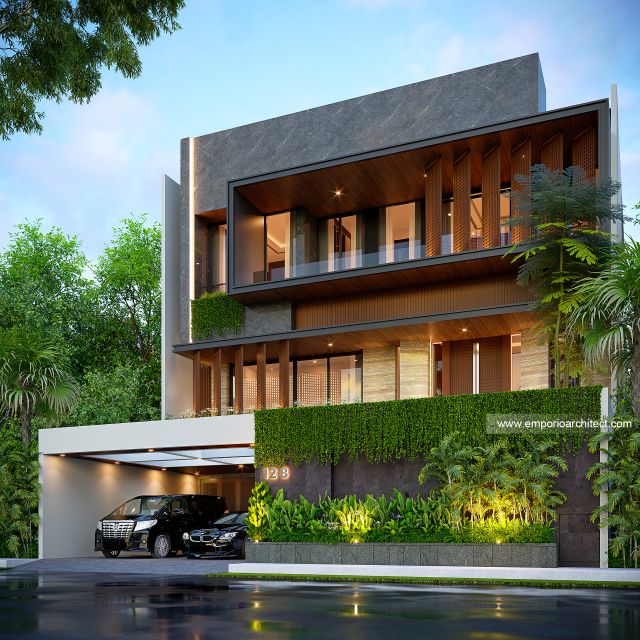 Desain Tampak Depan 2 Rumah Modern 3 Lantai Bapak FRD di Jakarta