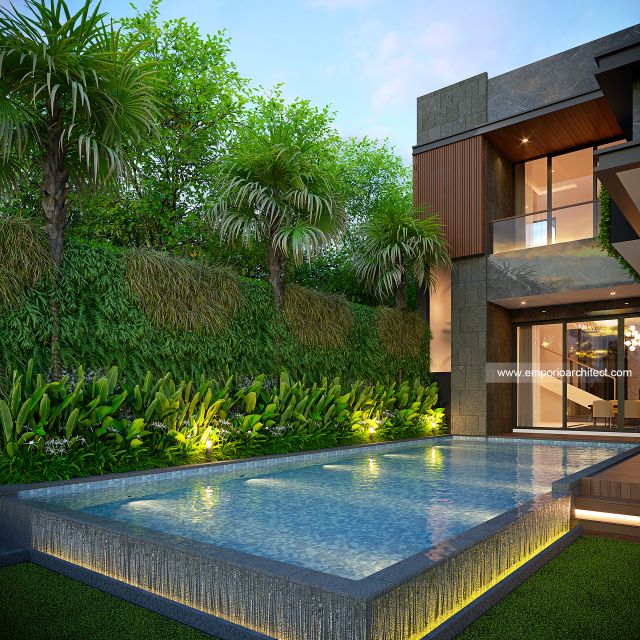 Desain Tampak Detail Belakang Rumah Modern 3 Lantai Bapak FRD di Jakarta