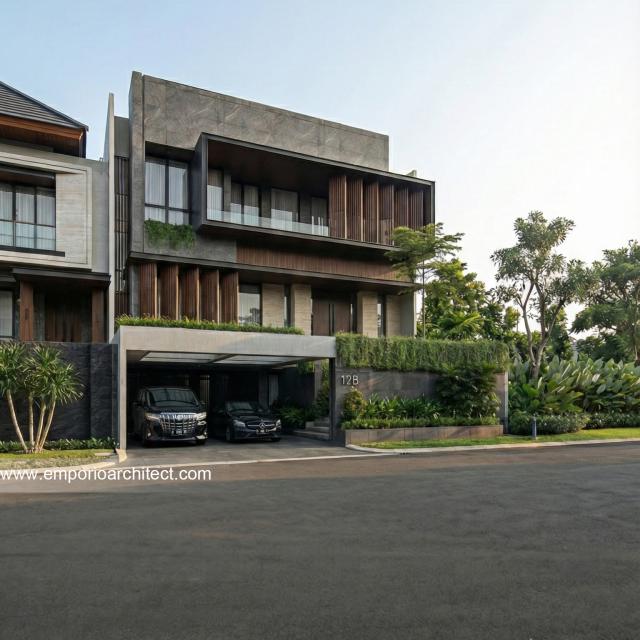 Desain Tampak Depan 3 Rumah Modern 3 Lantai Bapak FRD di Jakarta