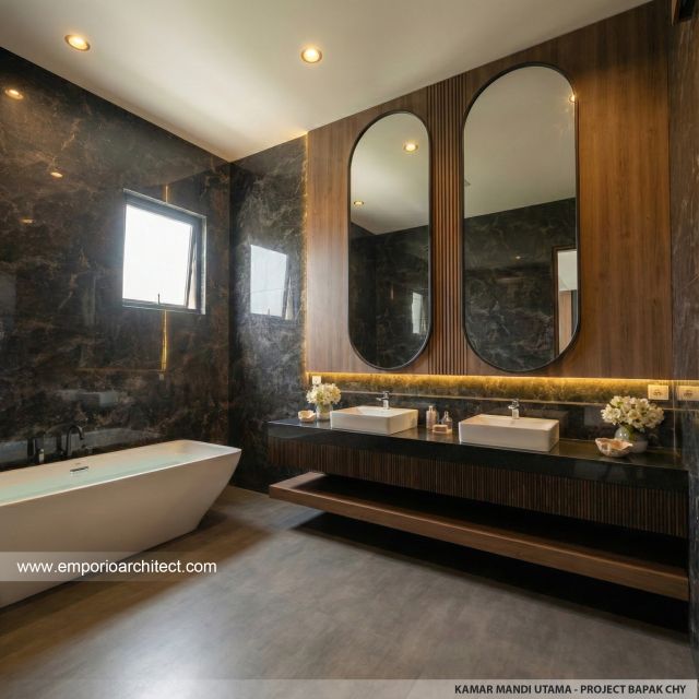 Desain Kamar Mandi Utama Rumah Modern 3 Lantai Bapak CHN di Bandung