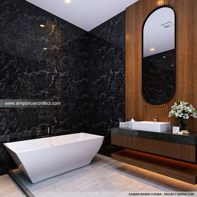 Desain Kamar Mandi Utama Rumah Modern 3 Lantai Bapak CHN di Bandung
