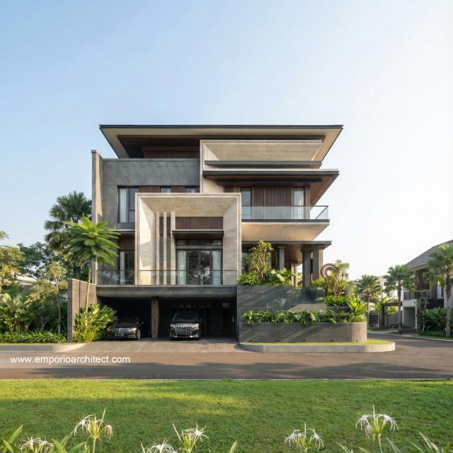 Desain Tampak Depan 2 Rumah Modern 3 Lantai Bapak CHN di Bandung