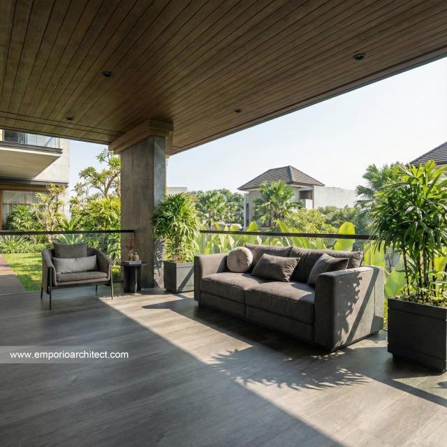 Desain Tampak Detail Teras Rumah Modern 3 Lantai Bapak CHN di Bandung