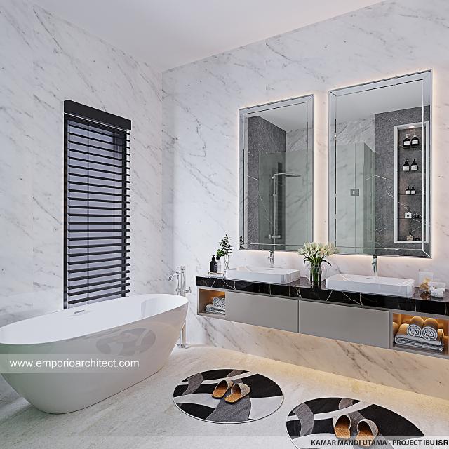 Desain Kamar Mandi Utama Rumah Modern 3 Lantai Ibu ISR II di Makassar