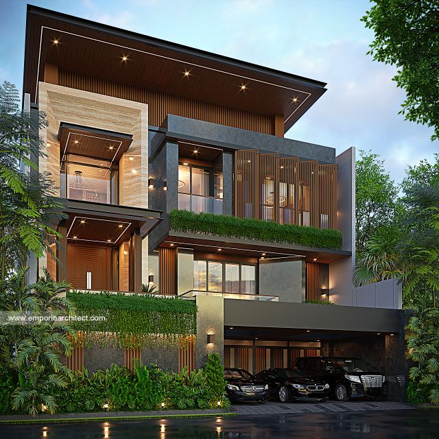 Desain Tampak Depan 2 Rumah Modern 3 Lantai Ibu ISR II di Makassar