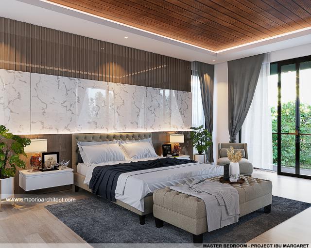 Desain Kamar Tidur Utama Rumah Modern 3 Lantai Ibu Margaret di Jakarta
