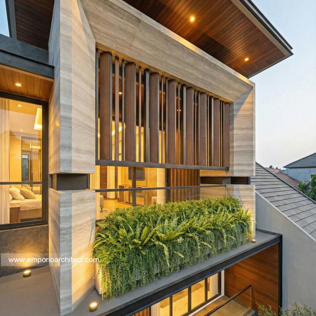 Desain Tampak Detail Depan Rumah Modern 3 Lantai Bapak STJ di Jakarta Barat